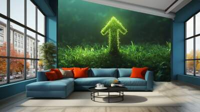 A symbolic green arrow pointing upwards in a lush grassy field, representing sustainable development and the concept of ecofriendly growth in a digital illustration Wall mural