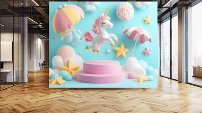 A whimsical 3D render with a unicorn, beach ball, umbrella, and hat in a playful summer theme, falling around a pastel display podium stand in midmotion Wall mural