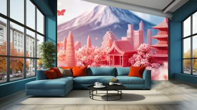 Abstract Tokyo skyline for Japanese New Year card, featuring Mount Fuji and a vibrant red shrine, pastel pink flower city landscape, oriental origami style 3D digital artwork Wall mural