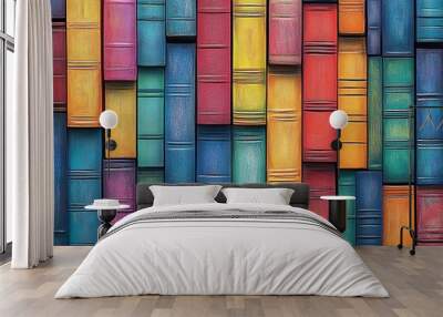 Background pattern made of colorful books in a bookcase layout, seamlessly repeated for a visually appealing and dynamic design Wall mural