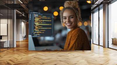 Beautiful female IT specialist using a laptop, smiling while thinking, solving coding challenges in a contemporary office, focused and confident, software developer at work Wall mural