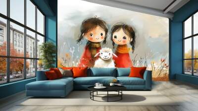 Celebrate Eid alAdha with art Illustration featuring two little girls and a sheep, capturing the joy and cultural essence of the holiday in a simple yet evocative style Wall mural