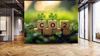 CO2 or carbon concept, wooden blocks with reduce CO2 emissions carbon symbol for climate change to limit global warming and sustainable development Wall mural