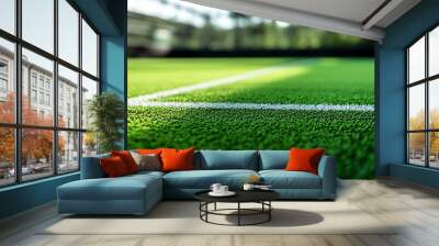 Detailed closeup of a lush green sports field with bright white corner lines, vibrant colors, and sharp contrasts, highlighting the beauty of athletic venues Wall mural