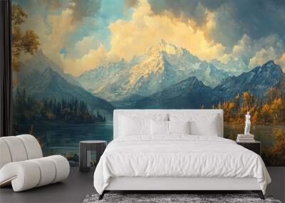 Detailed oil painting of a fantastical landscape in impasto style Wall mural