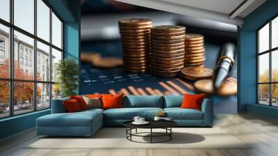 Economy and finance scene with coins, a pen, and stock market graphs in a blurred background, reflecting financial insights and trends Wall mural