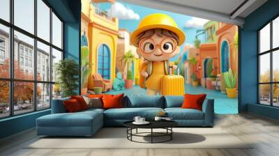 Engaging 3D cartoon character of a traveler holding a suitcase, ready for vacation, set in a vibrant travelthemed environment, lively and fun design Wall mural