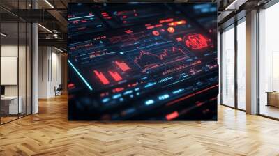 Futuristic financial dashboard with holographic 3D charts and graphs floating in dark space, glowing data streams and market indicators, hightech visualization of global economics Wall mural