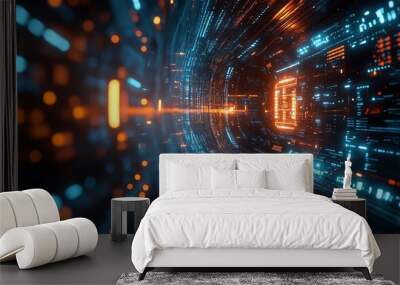 Futuristic stock image illustrating the advancements in cyber technology, highlighting digital networks and innovative tech elements Wall mural