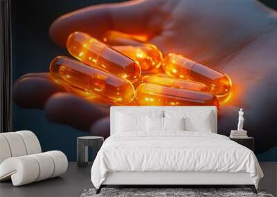 Glowing capsules held in a hand, symbolizing the future of revolutionary medicine treatment and healthcare advancements Wall mural