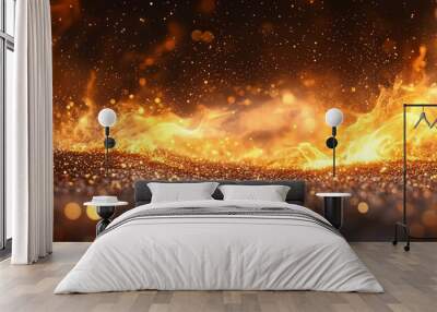 Golden flames and fire embers swirling against a dark background, with fire sparks and glittering motion blur creating a vivid bonfire illustration Wall mural