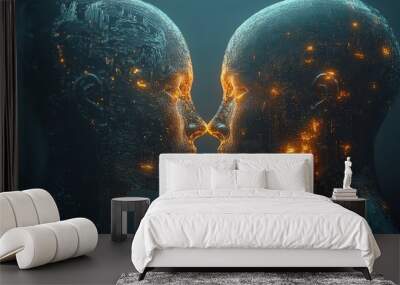 Graphic of two abstract heads connected by glowing circuits, emphasizing the theme of communication and connection fostered by generative AI technology Wall mural