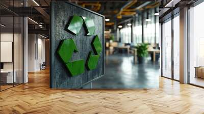 Green recycle symbol sign with a professional office backdrop, visualizing efficient waste sorting and recycling in a corporate environment Wall mural