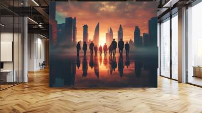 Group of businesspeople in silhouette against a vibrant cityscape background, concept of teamwork and corporate unity, 3D rendering, modern aesthetics Wall mural