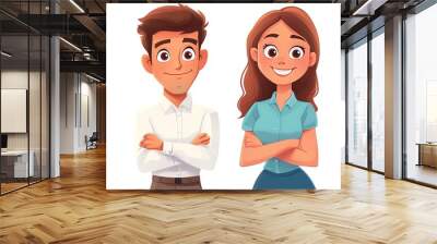 Happy and friendly office worker man and woman, vector illustration, front view standing, smiling boy and girl cartoon characters, white background Wall mural