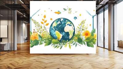 Highresolution illustration of wind turbines with Earth surrounded by flourishing greenery, emphasizing renewable energy and environmental care Wall mural