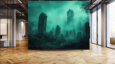 Horrorfilled graveyard at midnight, ancient tombstones, dense fog, ghostly figures drifting, eerie green light, high detail, spooky and macabre Wall mural