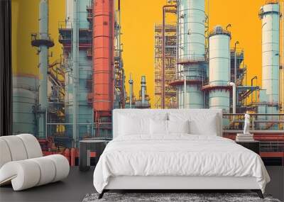 Illustration of a gas plant industrial scene featuring a refinery, designed with two layers of detail to highlight the complexity of operations Wall mural