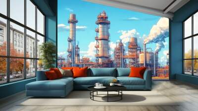 Illustration of a gas plant industrial scene featuring a refinery, designed with two layers of detail to highlight the complexity of operations Wall mural