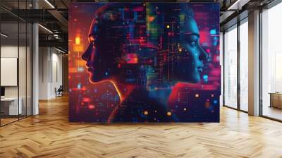 Illustration of two stylized heads surrounded by glowing networks and AIgenerated patterns, capturing the essence of connection and communication in a digital landscape Wall mural