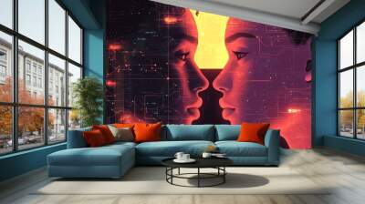 Illustration of two stylized heads surrounded by glowing networks and AIgenerated patterns, capturing the essence of connection and communication in a digital landscape Wall mural