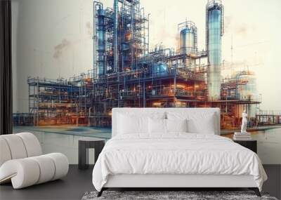 Indepth vector illustration of a gas plant featuring a detailed refinery layout with two layers, highlighting essential components of industrial processes Wall mural