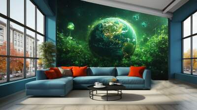 Lush green planet Earth with renewable energy icons, emphasizing ecofriendly corporate responsibility and sustainable practices Wall mural