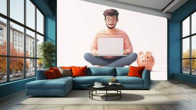 Male figure Qadir in 3D illustration, sitting with laptop notebook on piggy bank, white background, isolated setting, 3D people collection, funds management concept Wall mural