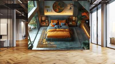 Modern bedroom with a large bed, rug, and plants. Wall mural