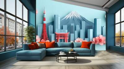 New Year card background with an abstract skyline of Tokyo, featuring iconic Mount Fuji, a red shrine, and pastel pink flowers, designed in 3D modern origami style artwork Wall mural