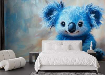 painting of a blue stuffed koala with light blue shading on belly and legs, visible patchwork seams, joyful expression, black tuft on head, curved line mouth, ragged but charming Wall mural