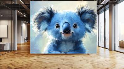 realistic illustration of a blue stuffed koala with light blue shading, patchwork seams, joyful expression, black tufted mane, curved line mouth, ragged but endearing appearance Wall mural