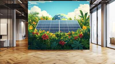 Solar panels surrounded by lush plants with Earth in the background, symbolizing the connection between clean energy and environmental sustainability, highquality Wall mural