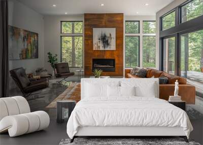 Sophisticated industrial living room featuring polished concrete floors, a mix of sleek and rustic furniture, and artistic wall decor for a modern touch Wall mural