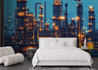 Sophisticated vector illustration of a gas plant industrial view, featuring a refinery with two distinct layers of detail for a comprehensive perspective Wall mural