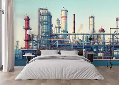 Sophisticated vector illustration of a gas plant industrial view, featuring a refinery with two distinct layers of detail for a comprehensive perspective Wall mural