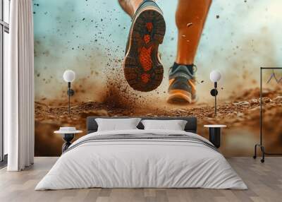 Sport shoes of a trail runner swiftly navigating a dusty trail, highlighting speed and determination, vibrant and powerful image Wall mural