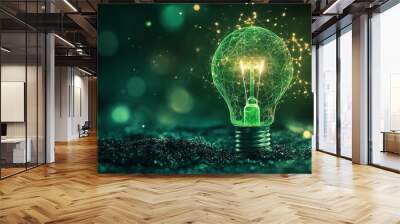 Stylized image of a glowing green ecolightbulb against a dark background Wall mural