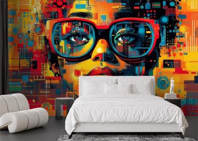 Stylized nerd face with large glasses, a quirky smile, and digital gadgets, set against a vibrant, techthemed backdrop with bold colors and intricate details Wall mural