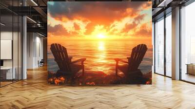 Two rustic chairs on a cliff, facing a stunning ocean sunset, crafting a tranquil atmosphere ideal for relaxation and reflection Wall mural