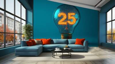 Vibrant 3D depiction of a lightbulb creatively integrated as the zero in 2025, against a rich blue background, highlighting themes of forwardthinking and innovation Wall mural