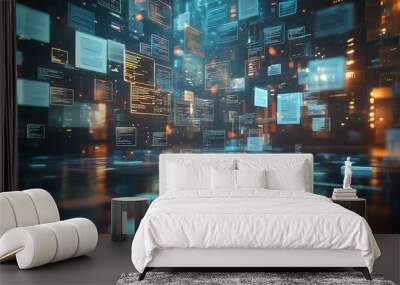 Virtual interface for digital document management system, files floating in background, 3D rendering, futuristic and organized design, techfocused style Wall mural