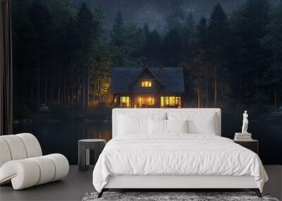 Warm and inviting cabin by a lake at night, dim lights illuminating the interior, unexpected elements adding intrigue to the scene Wall mural