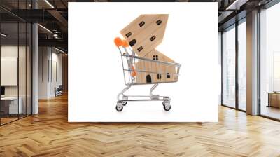 2 wooden house models in shopping cart isolate on white background. Wall mural