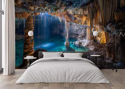 Cave with stalagmites, stalactites and waterfalls Wall mural