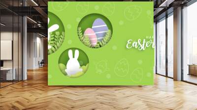 Easter day card and background with  cute rabbits and easter eggs. Wall mural