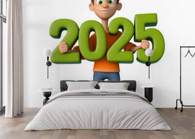 A cheerful young man holds up year 2025 in large green numbers, symbolizing optimism and future aspirations. His playful expression adds sense of excitement to illustration Wall mural