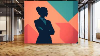 A confident businesswoman silhouette stands with crossed arms against vibrant geometric background, symbolizing strength and professionalism Wall mural