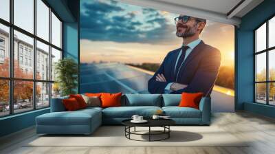 A confident man stands proudly on rooftop with solar panels, enjoying sunset. Wall mural