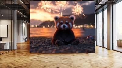 A cute red panda sits on a beach at sunset, surrounded by sparkling fireworks in the sky, creating a festive atmosphere. Wall mural